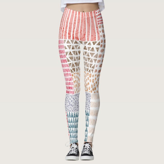 Patchwork Style Cute Doodle Pattern Leggings (Front)