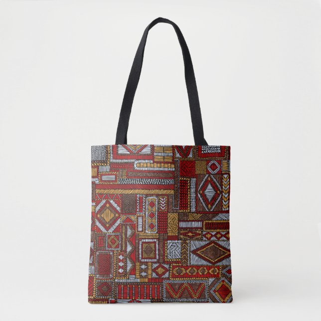 Patchwork Style Embroidered Ethnic Print Tote Bag (Front)