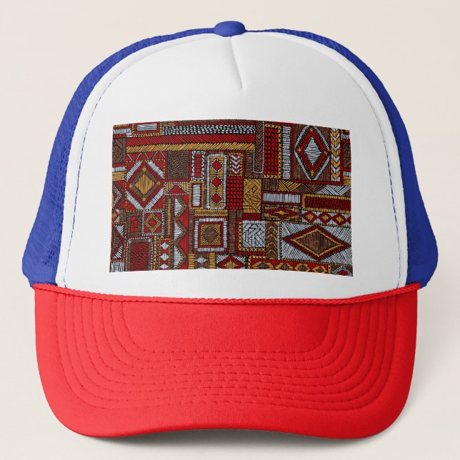 Patchwork Style Embroidered Ethnic Print Trucker Hat (Front)