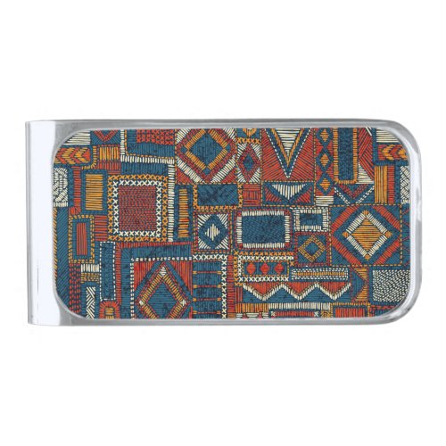 Patchwork Style Embroidered Vintage Print Silver Finish Money Clip