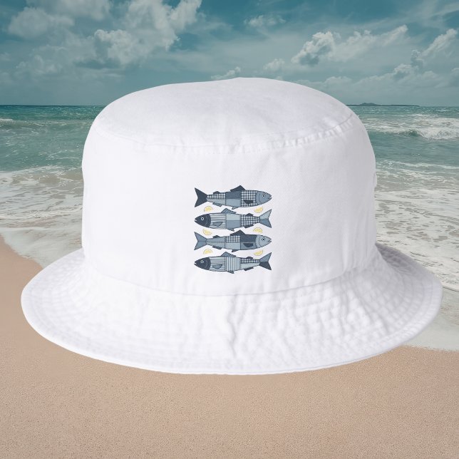 Patchwork Style Sardines Coastal Beach Theme Bucket Hat (Creator Uploaded)
