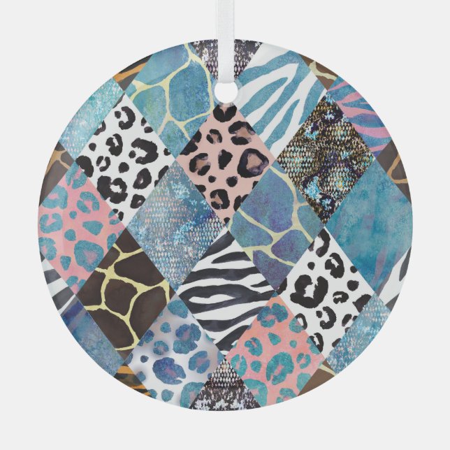 Patchwork style, watercolor collage pattern. glass ornament (Front)