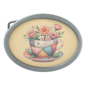 Patchwork Teacup with Whimsical Flowers Belt Buckle