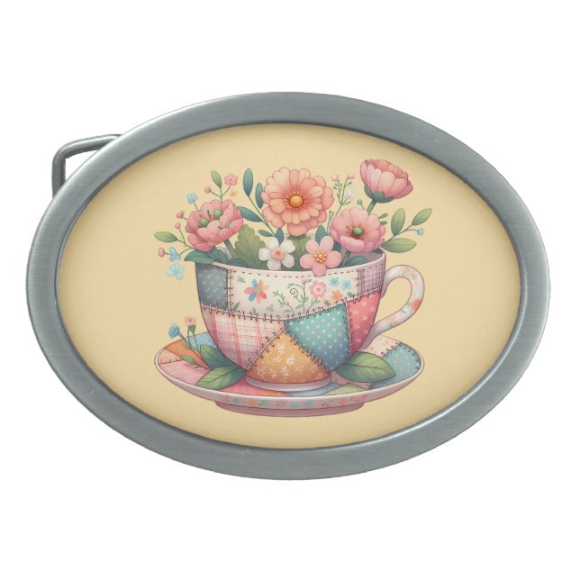 Patchwork Teacup with Whimsical Flowers Belt Buckle (Front)