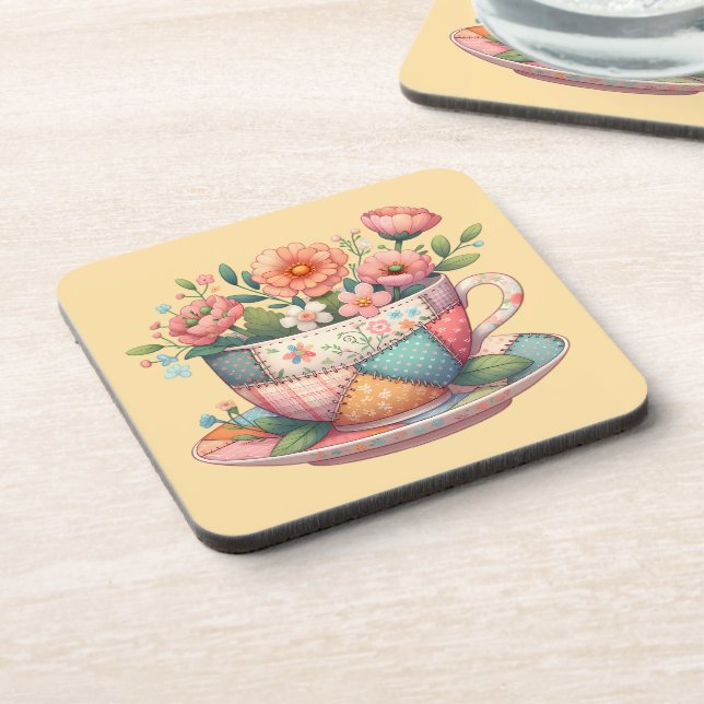 Patchwork Teacup with Whimsical Flowers Beverage Coaster (Left Side)