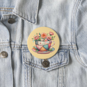 Patchwork Teacup with Whimsical Flowers Button