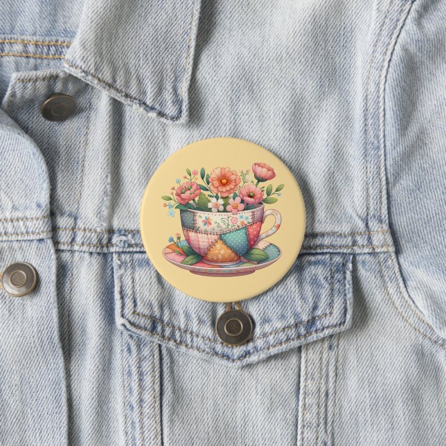 Patchwork Teacup with Whimsical Flowers Button (In Situ)