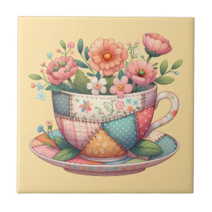 Patchwork Teacup with Whimsical Flowers Ceramic Tile