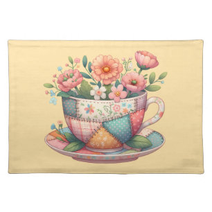 Patchwork Teacup with Whimsical Flowers Cloth Placemat