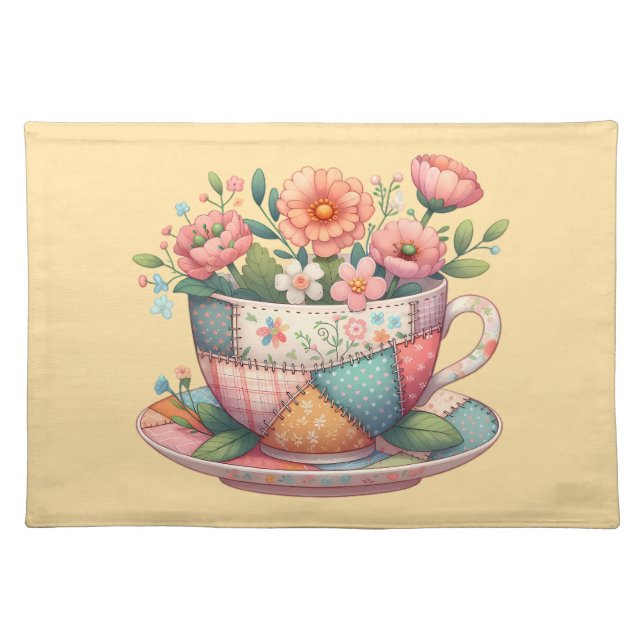Patchwork Teacup with Whimsical Flowers Cloth Placemat (Front)
