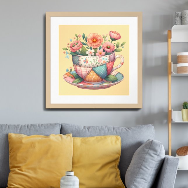 Patchwork Teacup with Whimsical Flowers Framed Art (Living Room 3)