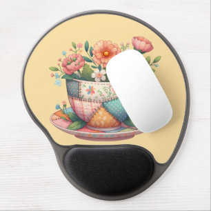 Patchwork Teacup with Whimsical Flowers Gel Mouse Pad