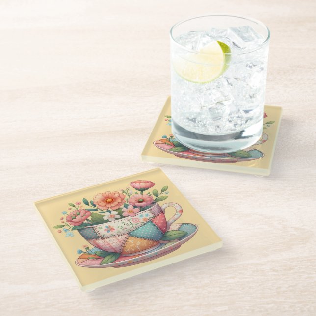 Patchwork Teacup with Whimsical Flowers Glass Coaster (Angled)