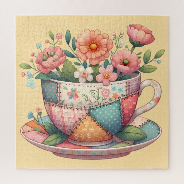 Patchwork Teacup with Whimsical Flowers Jigsaw Puzzle (Vertical)