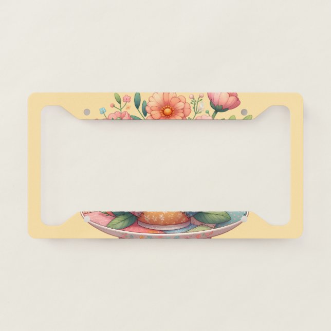 Patchwork Teacup with Whimsical Flowers License Plate Frame (Front)