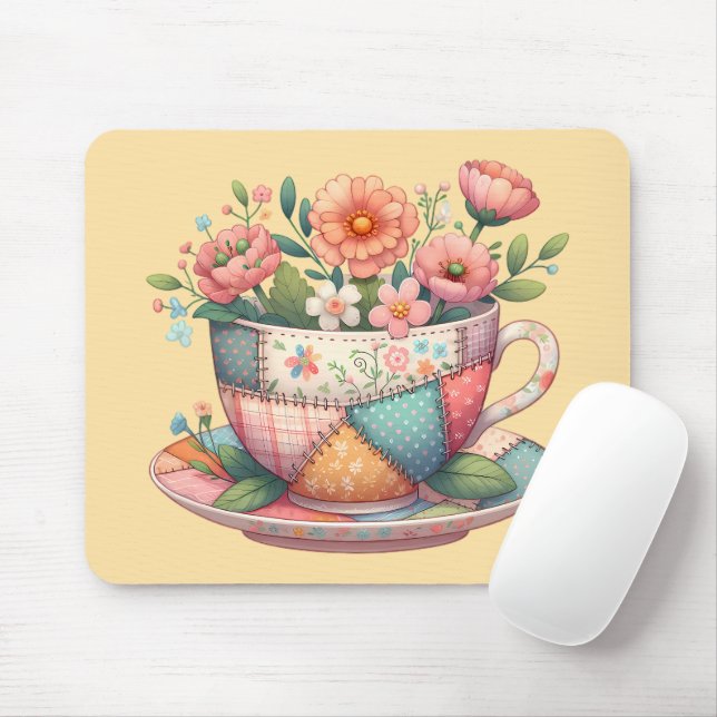 Patchwork Teacup with Whimsical Flowers Mouse Pad (With Mouse)