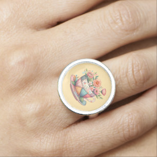 Patchwork Teacup with Whimsical Flowers Ring