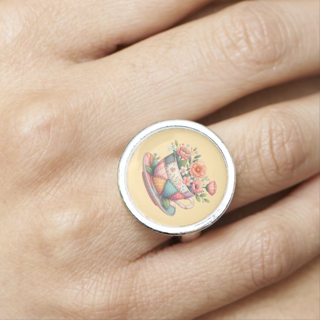 Patchwork Teacup with Whimsical Flowers Ring (In Situ)