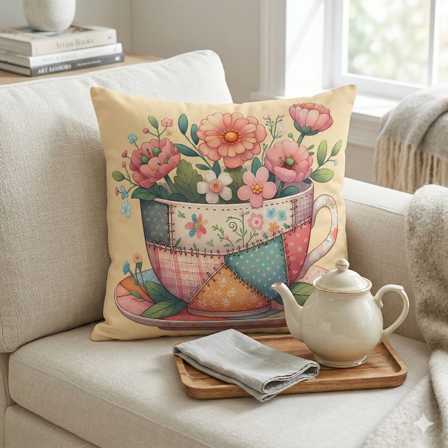 Patchwork Teacup with Whimsical Flowers Throw Pillow (Patchwork Teacup with Whimsical Flowers Throw Pillow Mockup A)