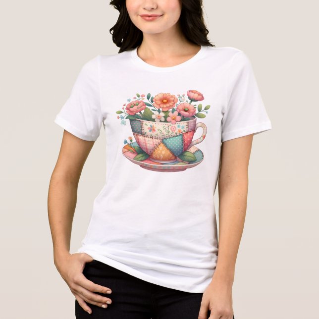 Patchwork Teacup with Whimsical Flowers Tri-Blend Shirt (Front)