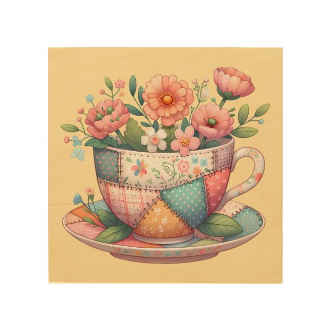 Patchwork Teacup with Whimsical Flowers Wood Wall Art (Front)