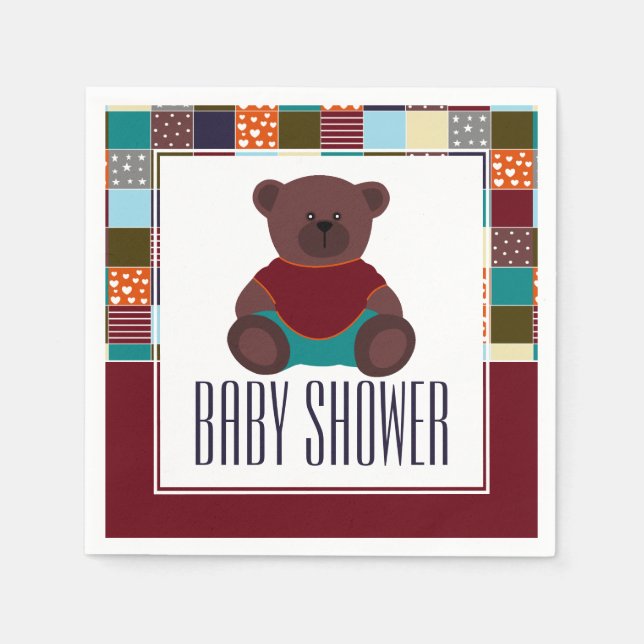 Patchwork Teddy Bear, Baby Shower Napkins (Front)