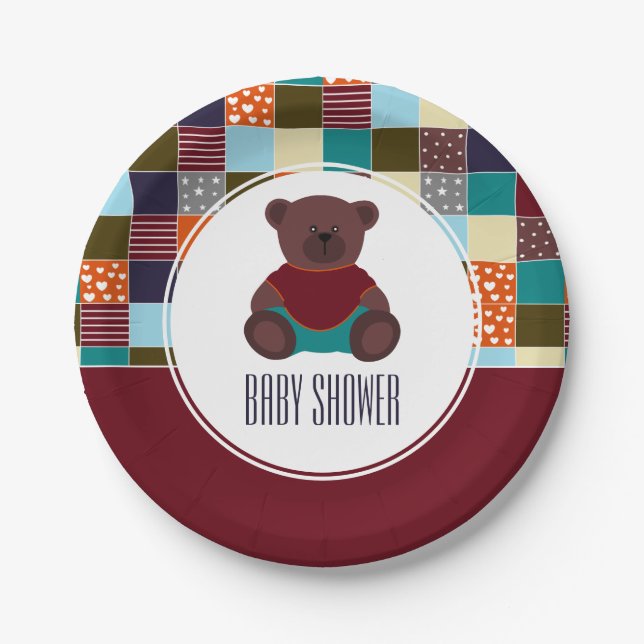 Patchwork Teddy Bear, Baby Shower Paper Plates (Front)
