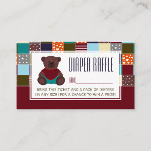 Patchwork Teddy Bear, Baby Shower Raffle Ticket Enclosure Card