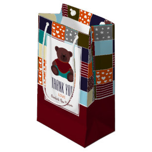 Patchwork Teddy Bear, Baby Shower Thank You Favor Small Gift Bag