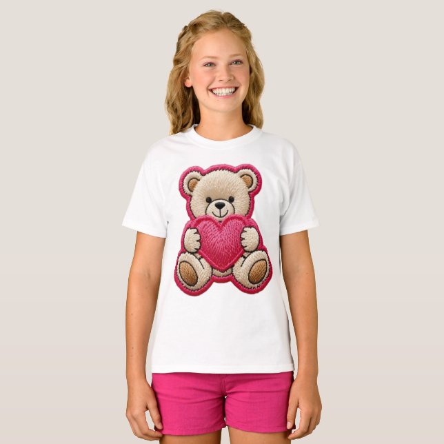 Patchwork Teddy Bear Holding Heart T-Shirt (Front Full)