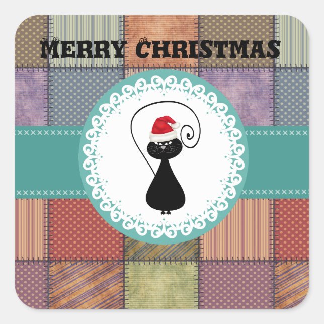Patchwork trendy cute Santa cat winter holiday Square Sticker (Front)