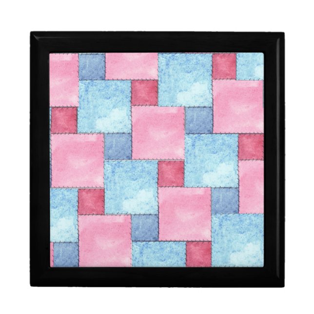 Patchwork Trinket or Jewelry Box, Pinks, Blues Keepsake Box (Front)