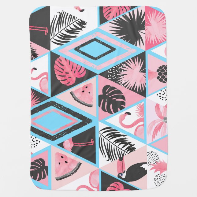 Patchwork tropical flamingo, palm pattern. baby blanket (Front)