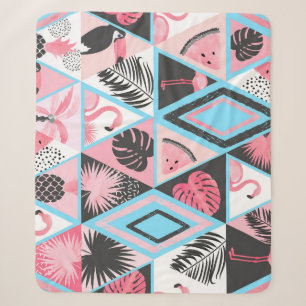 Patchwork tropical flamingo, palm pattern. sherpa blanket
