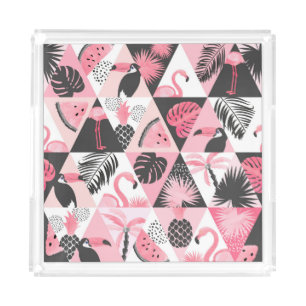 Patchwork Tropical: Flamingo Watermelon Seamless. Acrylic Tray