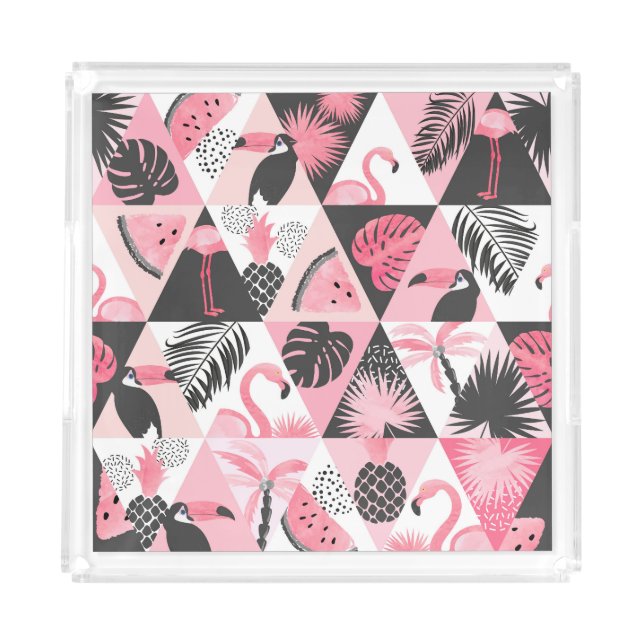Patchwork Tropical: Flamingo Watermelon Seamless. Acrylic Tray (Front)