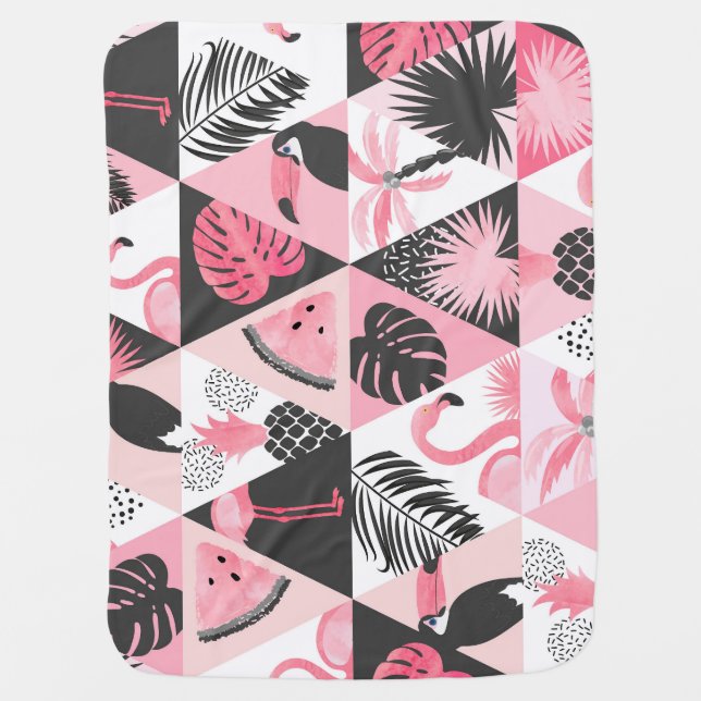 Patchwork Tropical: Flamingo Watermelon Seamless. Baby Blanket (Front)