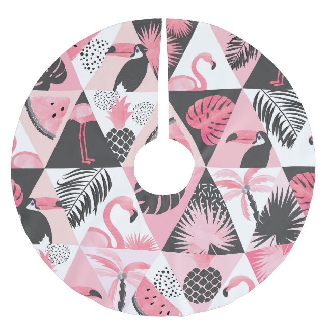 Patchwork Tropical: Flamingo Watermelon Seamless. Brushed Polyester Tree Skirt (Front)