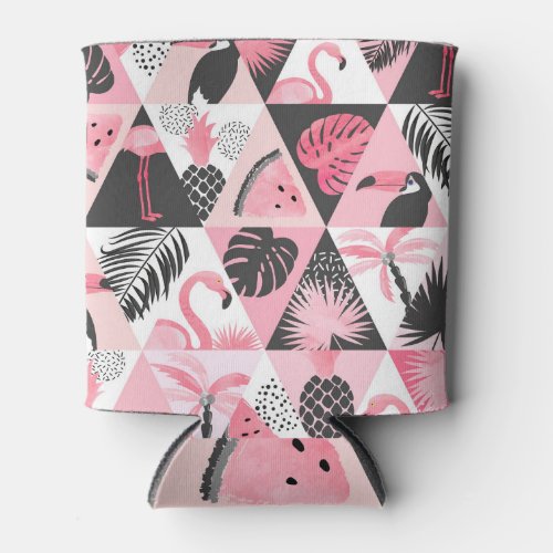 Patchwork Tropical Flamingo Watermelon Seamless Can Cooler