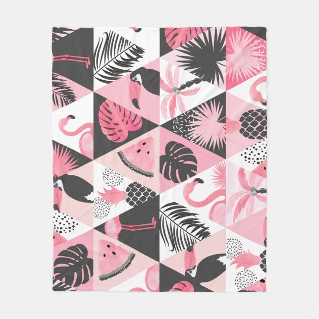 Patchwork Tropical: Flamingo Watermelon Seamless. Fleece Blanket (Front)