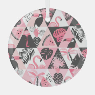 Patchwork Tropical: Flamingo Watermelon Seamless. Glass Ornament
