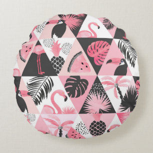 Patchwork Tropical: Flamingo Watermelon Seamless. Round Pillow