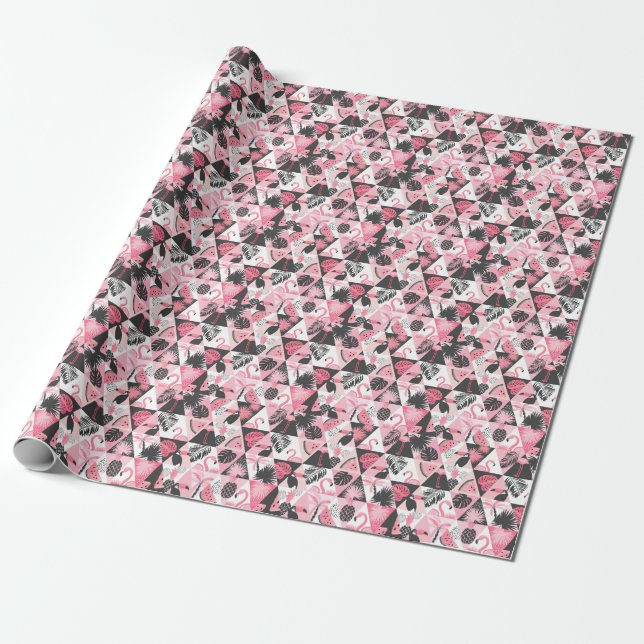 Patchwork Tropical: Flamingo Watermelon Seamless. Wrapping Paper (Unrolled)