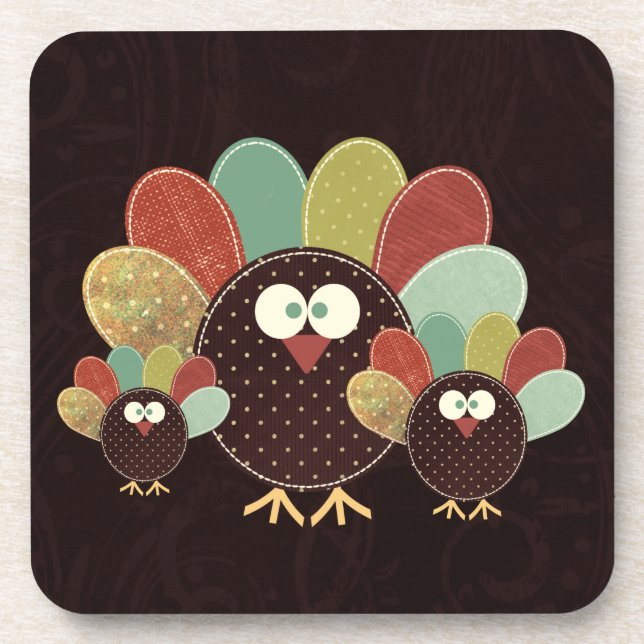 Patchwork Turkey Family of Three Thanksgiving Drink Coaster (Front)
