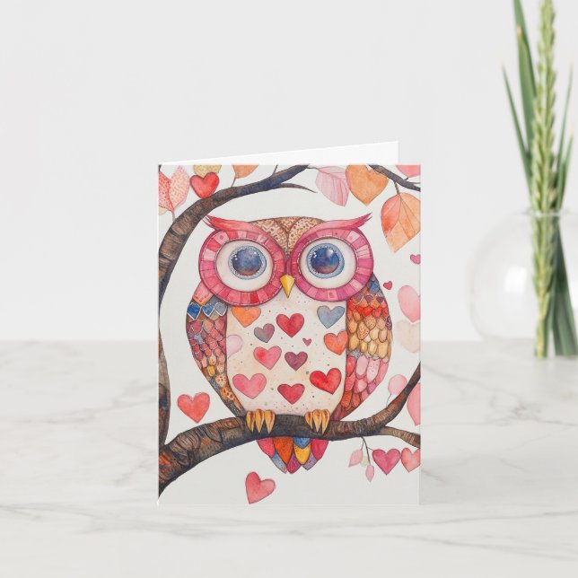 Patchwork Watercolor Owl Valentine Card (Front)