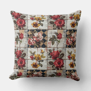 Patchwork watercolor roses, checkered, polka dots, throw pillow