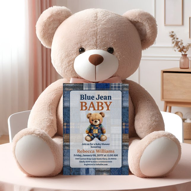 Patchwork Western Denim Bear Blue Jean Baby Shower Invitation (Creator Uploaded)