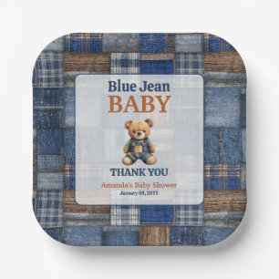 Patchwork Western Denim Bear Blue Jean Baby Shower Paper Plates