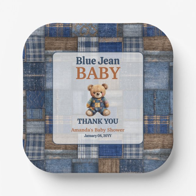 Patchwork Western Denim Bear Blue Jean Baby Shower Paper Plates (Front)