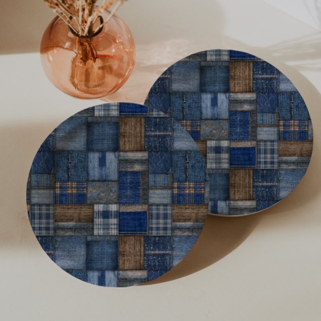 Patchwork Western Denim Bear Blue Jean Baby Shower Paper Plates (Creator Uploaded)